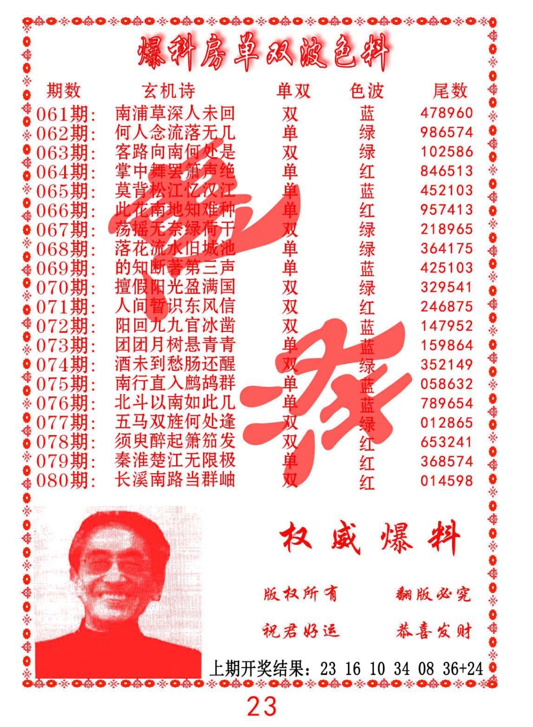 070期爆料房单双波色料[图]